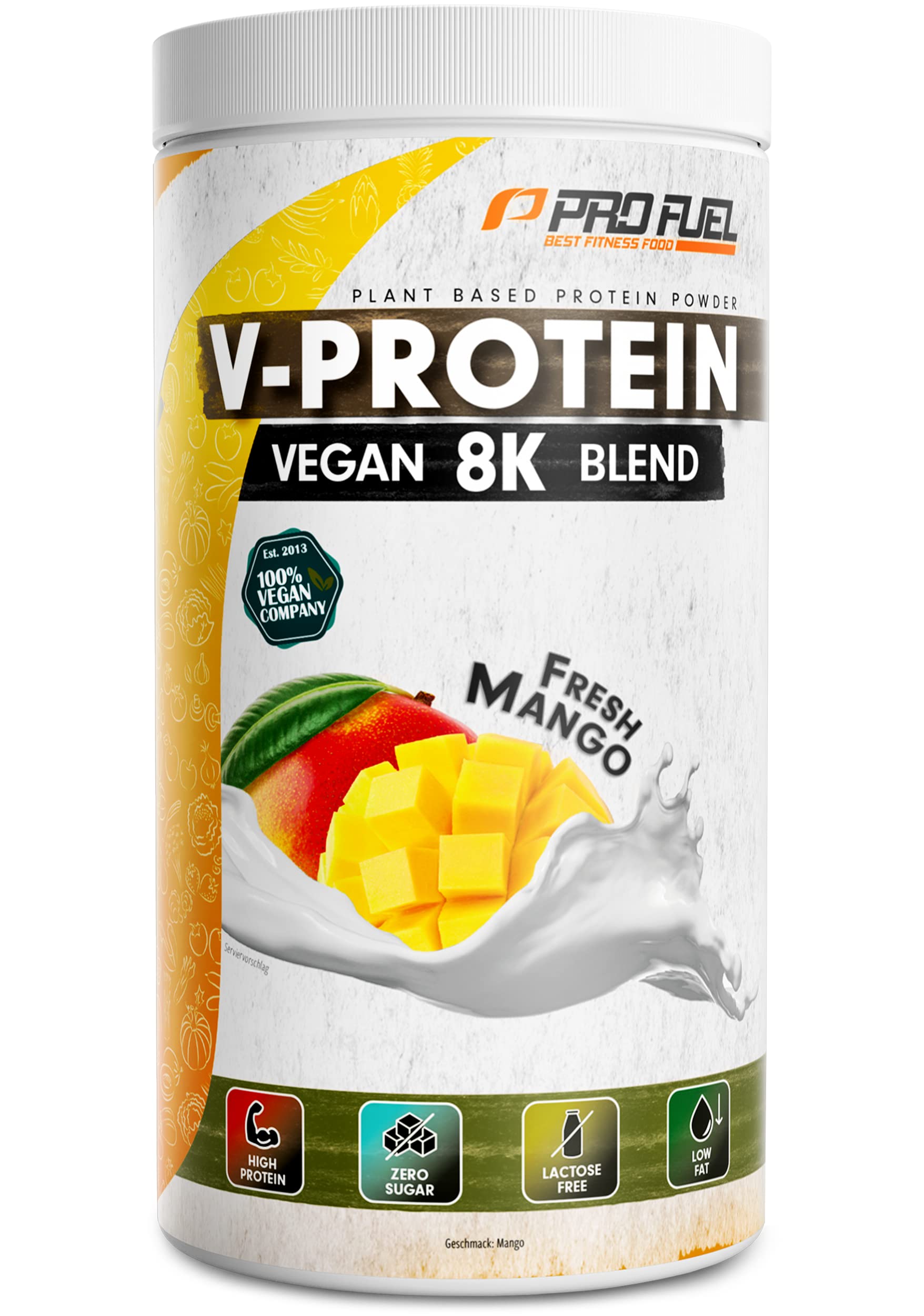 Vegan Protein – MANGO - V-Protein 8K Blend - unglaublich lecker & cremig - mit Protein aus Sonnenblume, Reis, Erbse, Hanf, Kürbis uvm. - pflanzliches Proteinpulver mit 78% Eiweiß