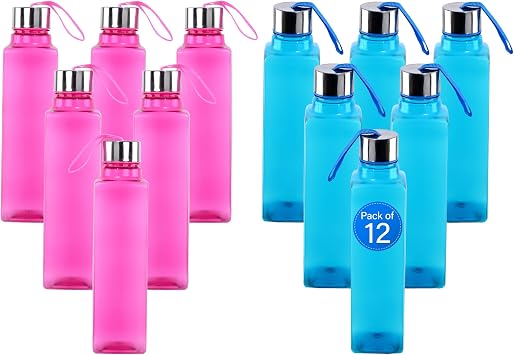Kuber Industries 12 Pcs Plastic Water Bottle 1 Litre | BPA Free & Leak Proof Water Bottle for Fridge | Best Usage for Office, School, College and Outdoor Adventures | Square Dori - Blue & Pink