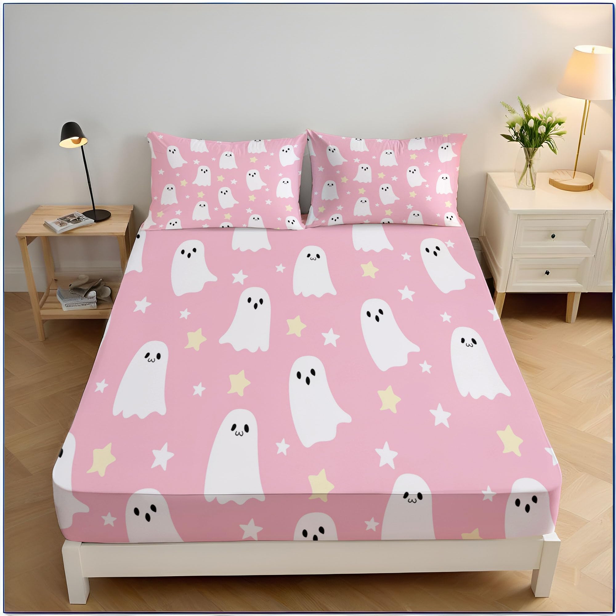 Drap housse fantôme rose résistant aux rides pour lit sans plis