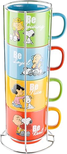 Peanuts Snoopy Gentle Reminders - Tazas apilables de 15 onzas con estante de metal, cerámica, paquete de 4, varios colores