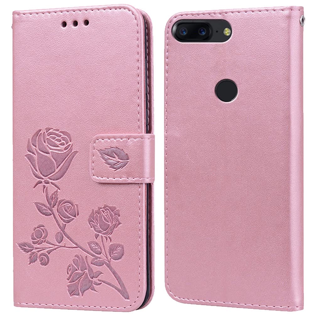 PKQTOPCase for OnePlus 5T, Foldable Flip Case with Stand Function, Card Slot, Shockproof Protective Cover, Pink Rose Pattern, PU Leather and TPU Material
