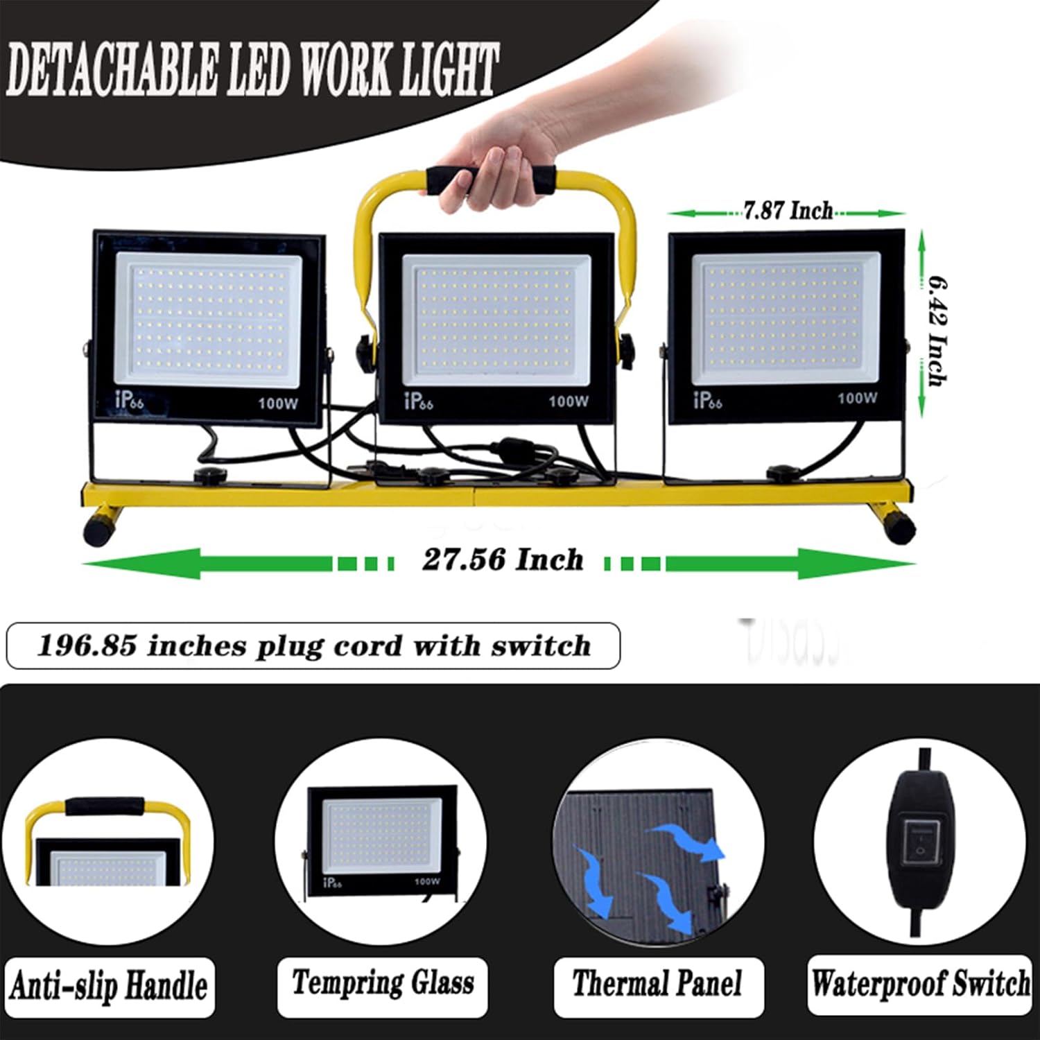 KAWELL 30000LM Industrial LED Work Light with Stand Waterproof LED Hanging Work Lights with 16.4Ft Cord Portable Adjustable Job Site Lighting Indoor Outdoor for Workshop Garage Warehouse Camp, 6500K
