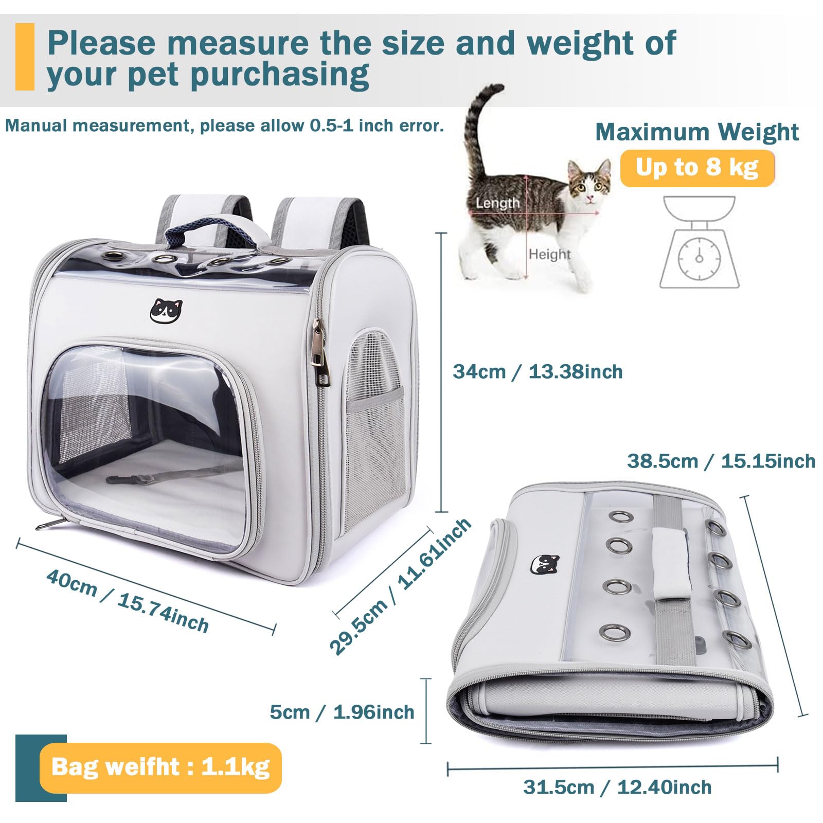 Zaino per Gatti, Zaino Gatto Trasporto Zainetto Trasportino Gatto Pieghevole Per Viaggi, Escursioni, Grigio