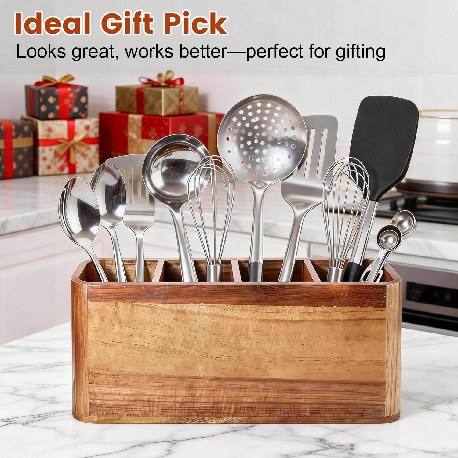 Kitchen Utensil Holder for Counter or Countertop, Large Wooden Utensil Holder with 4 Compartments, Acacia Wood Organizer for Cooking Utensils and Silverware, Ideal Gift for Kitchen Decor