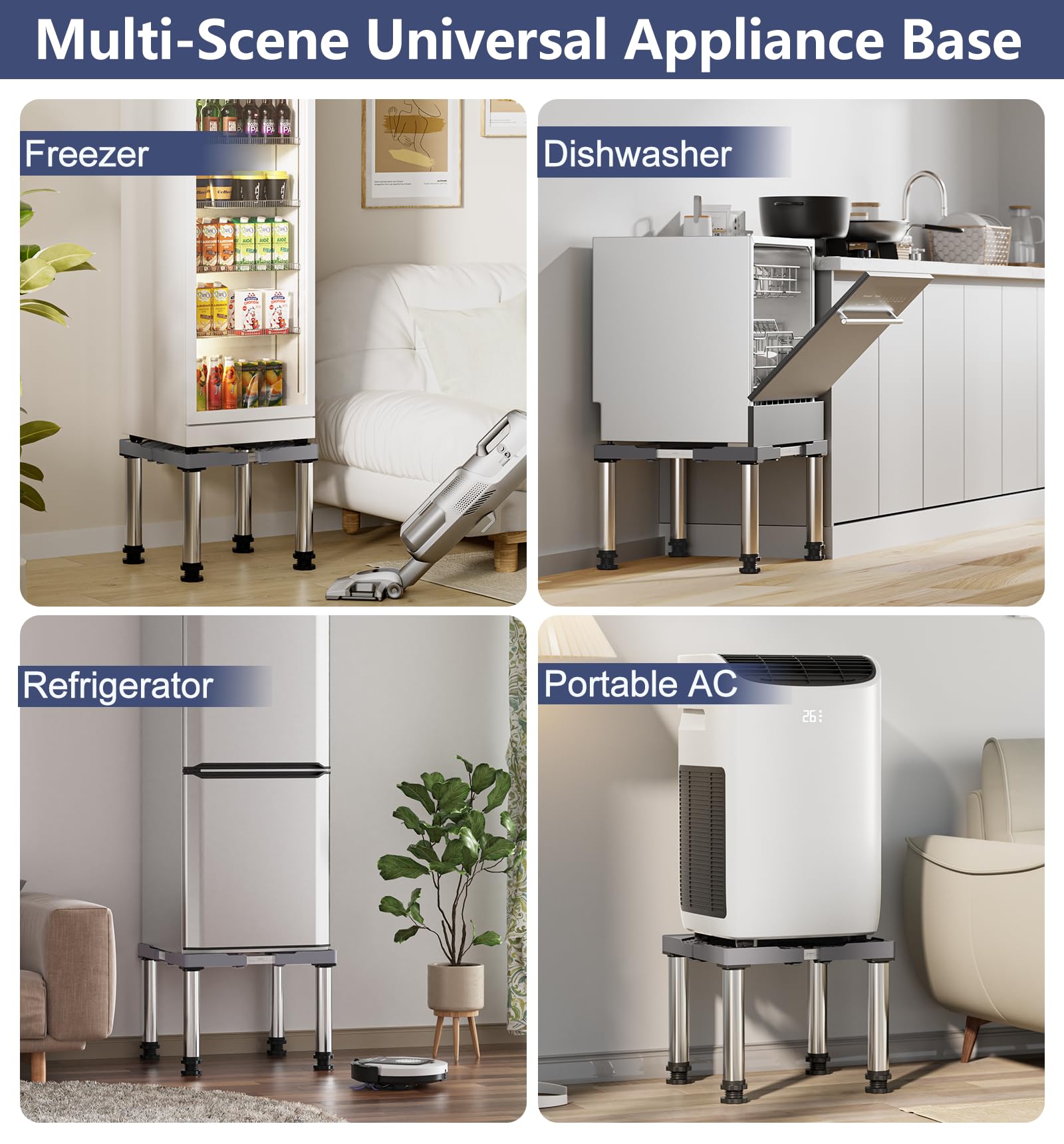 DEWEL Mini Base para Refrigerador, Base Ajustable para Lavavajillas, Altura Ajustable de 33-36cm, para Lavavajillas, Congelador Horizontal, Armario de Cocina y Electrodomésticos Estáticos Gris