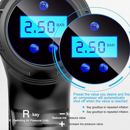 Miniatura 6 de Inflador de neumáticos inalámbrico, compresor de aire portátil de 12 V CC, bomba de aire de mano con manómetro digital y luz LED de emergencia para