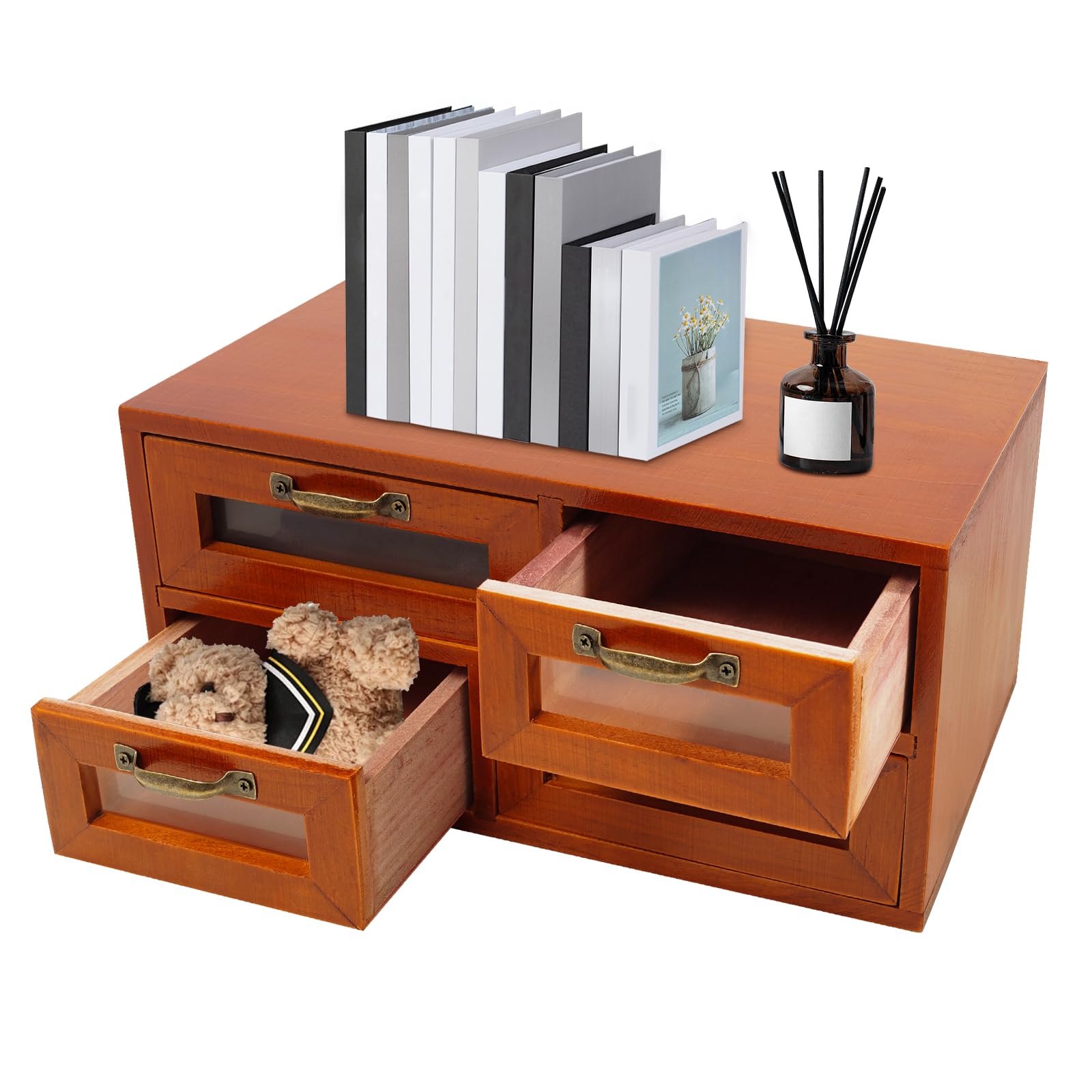 Organizer vintage in legno da 16 cassetti, set da 4 pezzi, organizer da scrivania in legno, con porte trasparenti, scatole decorative, scrivania rustica, ogni piccolo cassetto: 10 x 5,4 cm