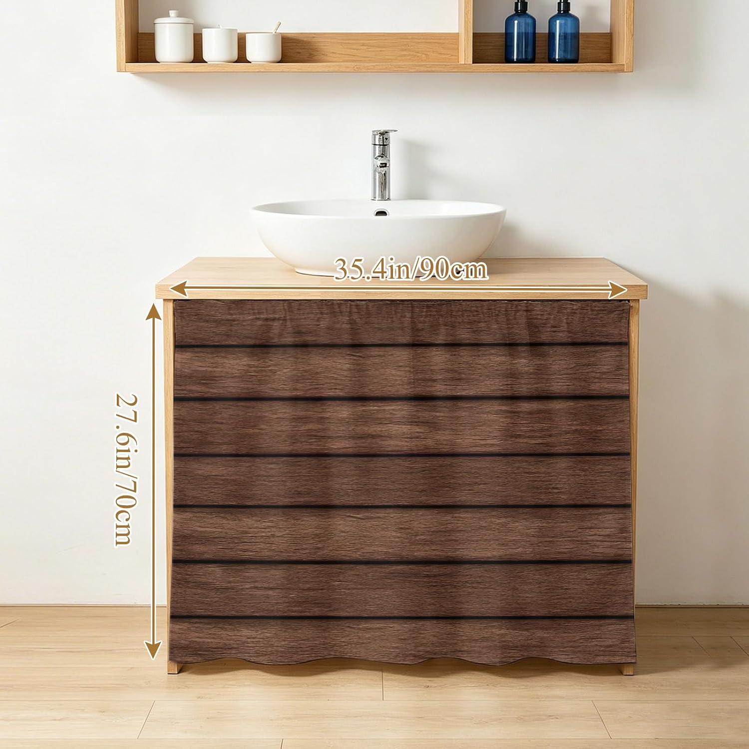 Dark Brown Wooden Cabinet Curtains 27.6"W x 35.4"L,Dustproof Sink Skirt Curtain for Kitchen Bathroom,Vintage Western Country Wooden Board Adhesive Desk Skirt Short Curtains for Laundry Room Closet