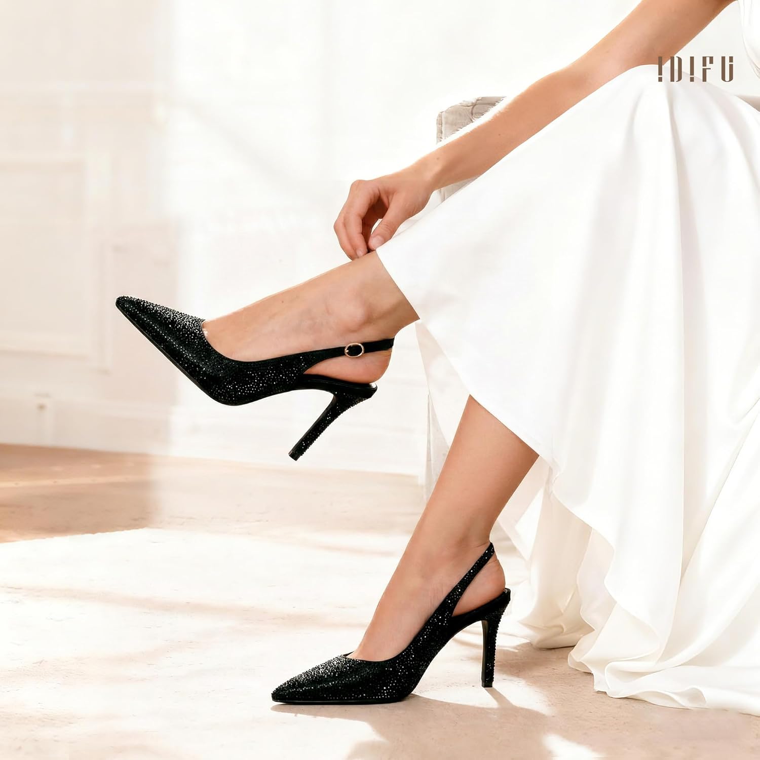 IDIFU IN4 Sparkly Rhinestone Slingback Heels for Women Pumps Closed Pointed Toe Stiletto High Heels Dress Shoes for Women Sexy Wedding Bridal Prom Office Work Pumps Shoes - Image 4