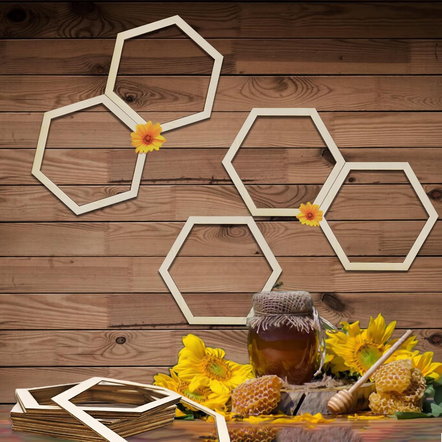 AOCEAN 8 Pcs Wooden Honeycomb Decorations Unfinished Hexagon Wall Beehive Decor Bee Decorations for Home Birthday Party DIY Decor