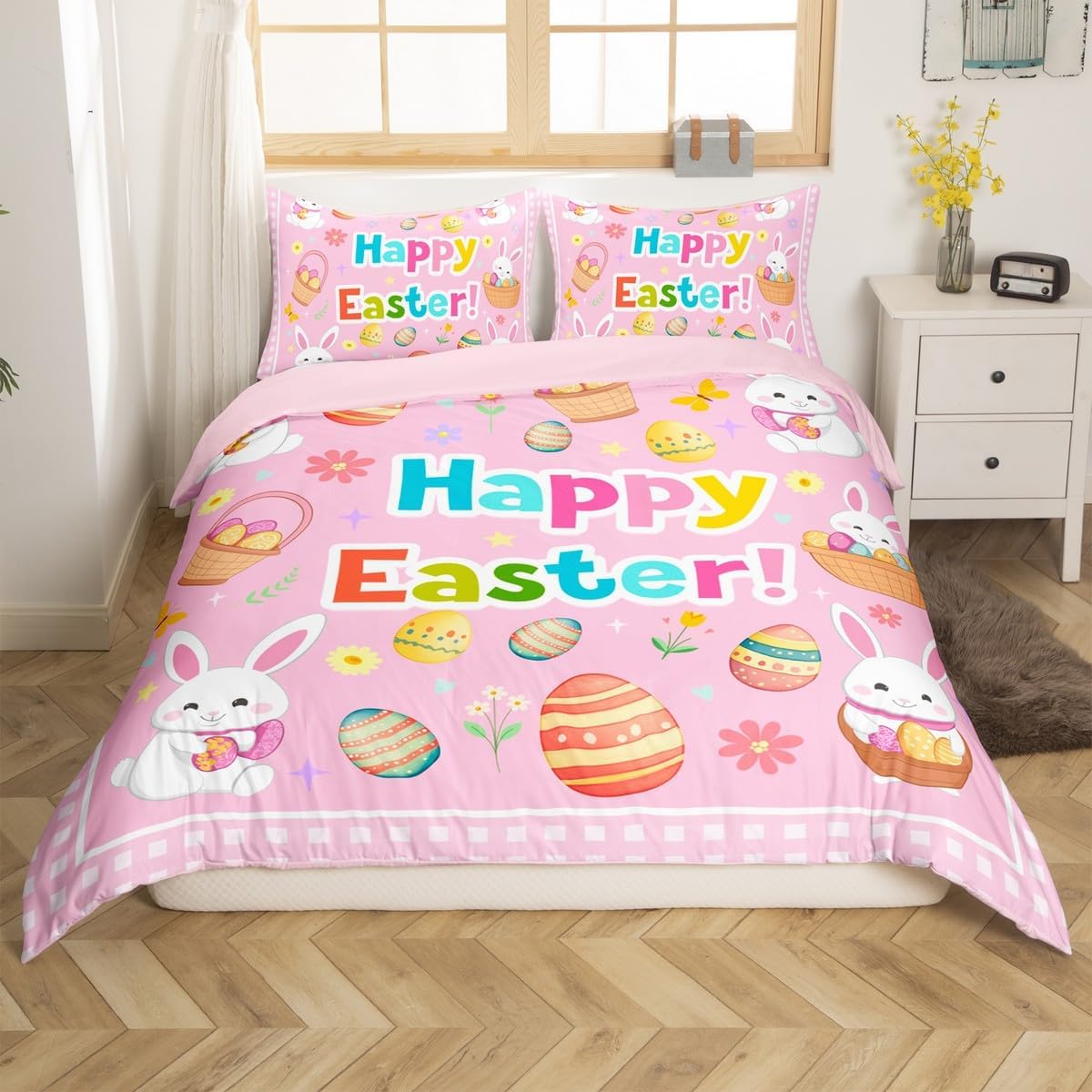 Happy Easter Duvet Cover Set Queen Size,Cute Rabbit Animal Cartoon Eggs Reversible Quilt Cover Set (NO Comforter),Colorful Floral Pink Grid Plaid Soft Comforter Cover for Dorm Room, Zipper