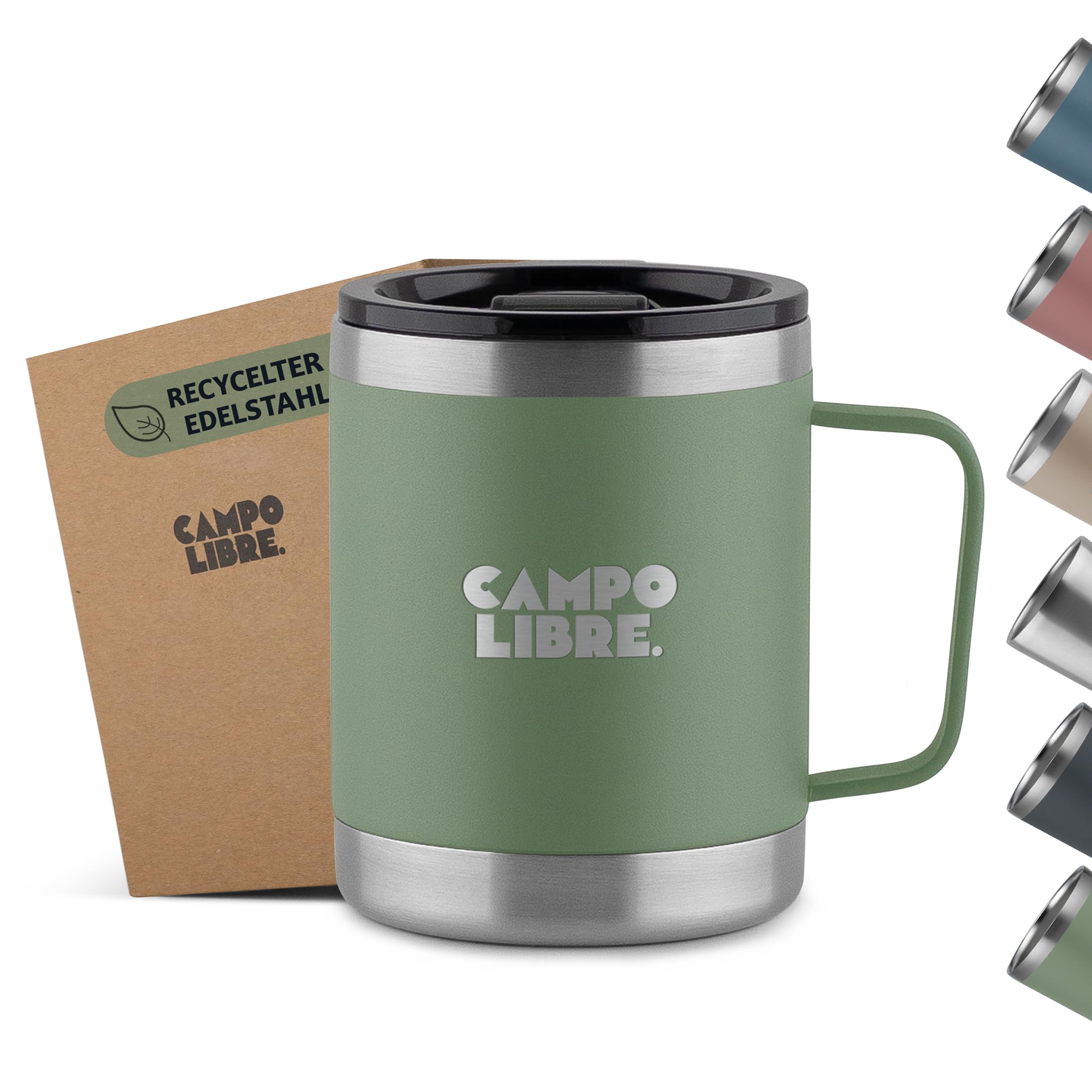 Campo Libre® Tito Travel Mug 350ml - Stainless Steel – Insulated Coffee Mug with Handle & Leakproof Lid, Reusable Thermo Cup for Hot/Cold Drinks, Coffee to Go Mug, Portable Thermo Coffee Cup
