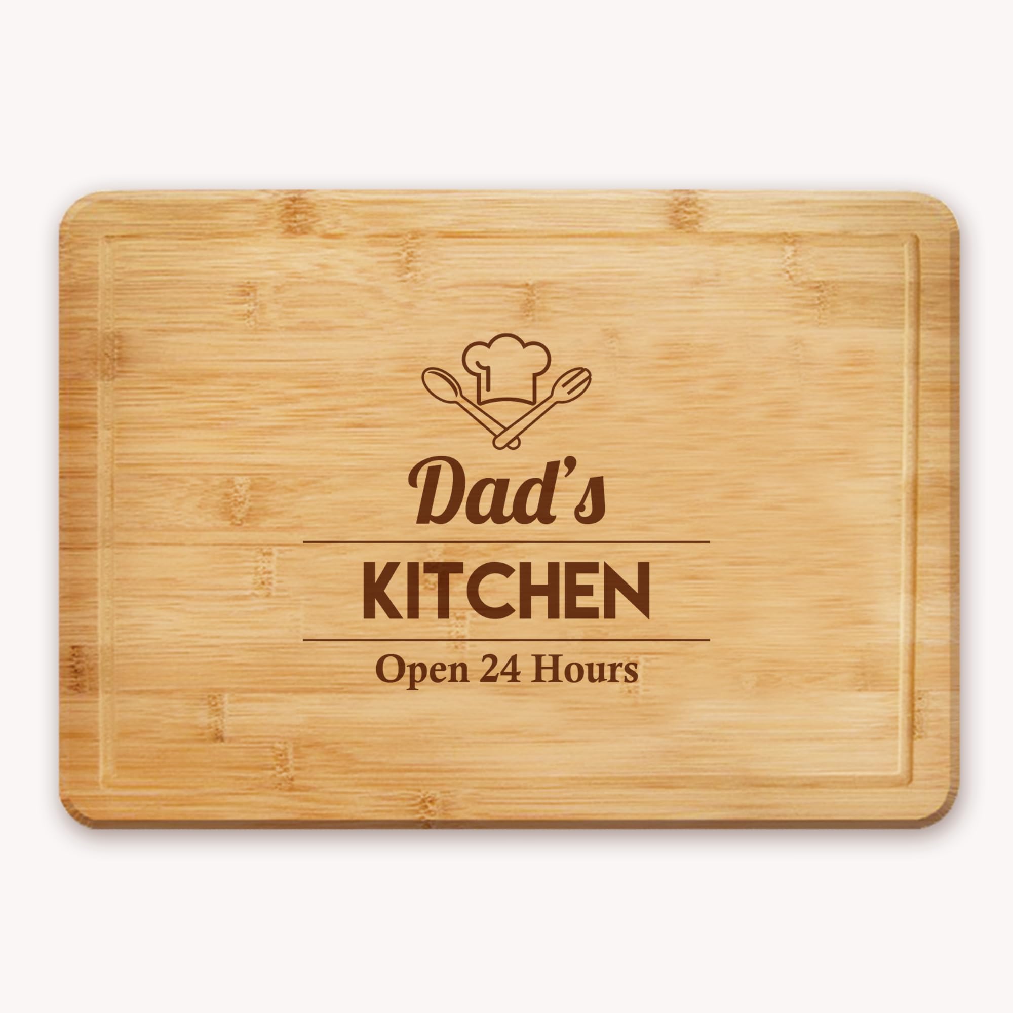 Laser Engraved Bamboo Chopping Board for Dad | Cheese Board | Cutting Board with a Chef Hat and The Wording Dad's Kitchen Open 24 Hours