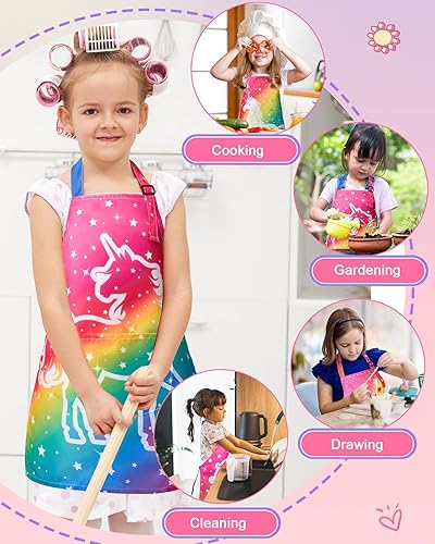 Miniatura 8 de Lictin Paquete de 2 delantales para niños y niñas para cocinar, delantal de arte impermeable con bolsillos para niños, pintar, cocinar, hornear