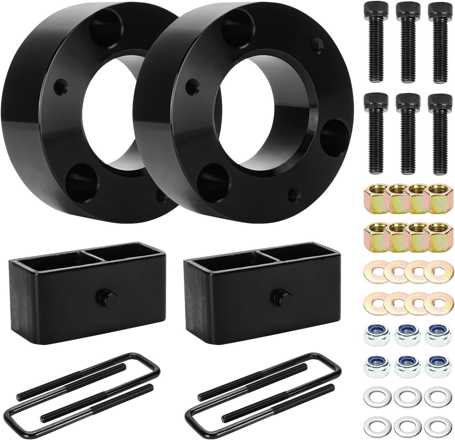 3" Front & 2" Rear Leveling Lift Kit Fit for Chevy Silverado 1500 2007-2020, Forged Strut Spacers Suspension Lift Blocks with Extended U Bolts Fit for GMC Sierra 1500 2007-2020, 4PCS
