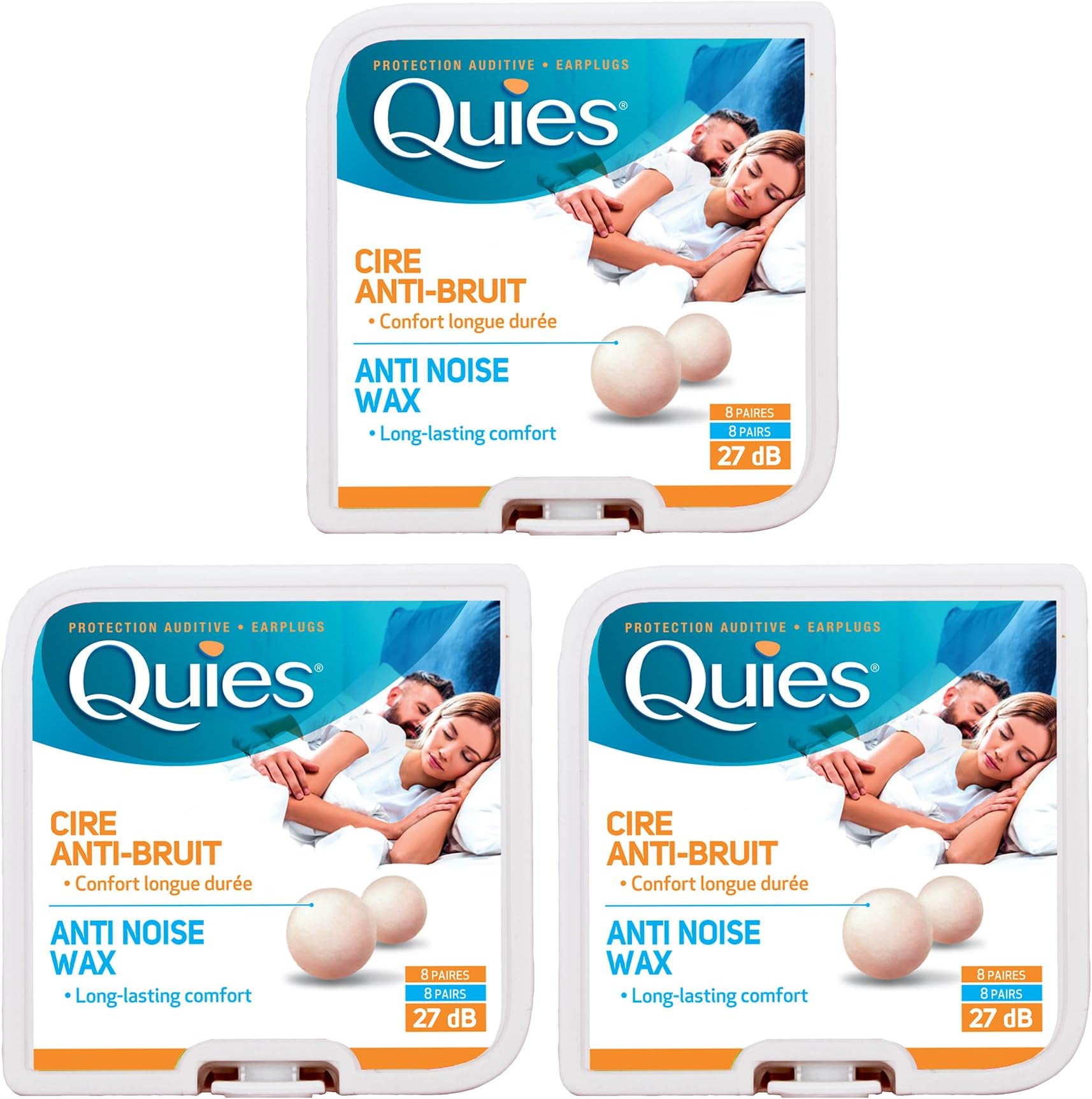 Quies Boules Natural Wax Earplugs 8 Pairs of Earplugs - Pack of 3