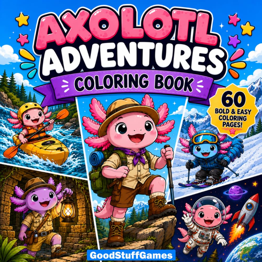 Axolotl Adventures Coloring Book: 60 Bold and Easy Designs Featuring Cute Axolotls in Space, Fantasy, Holiday, Cozy, and Adventure Scenes for Kids, Teens, and Adults