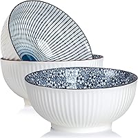 QINLANG 60oz Large Pho Ramen Soup Bowls Set of 3, Blue White Porcelain Japanese Style 8 Inch Big Bowls - Dishwasher Microwave Safe