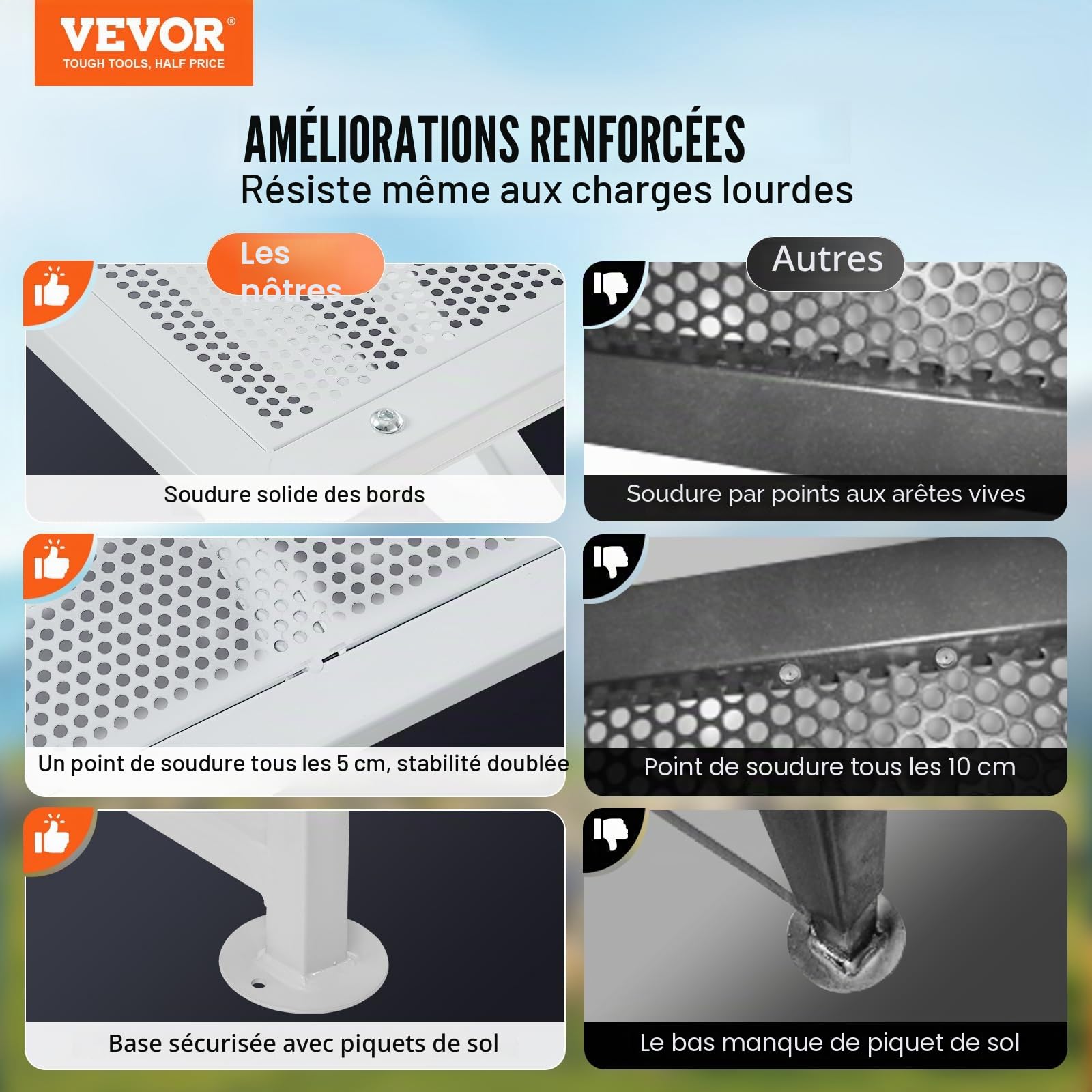 VEVOR Support pour chèvres et moutons, 1195x584 mm, support pour bétail, hauteur réglable 533-838 mm, support en métal pour traite tonte du bétail, charge 226 kg, avec têtière et boucle de nez, blanc