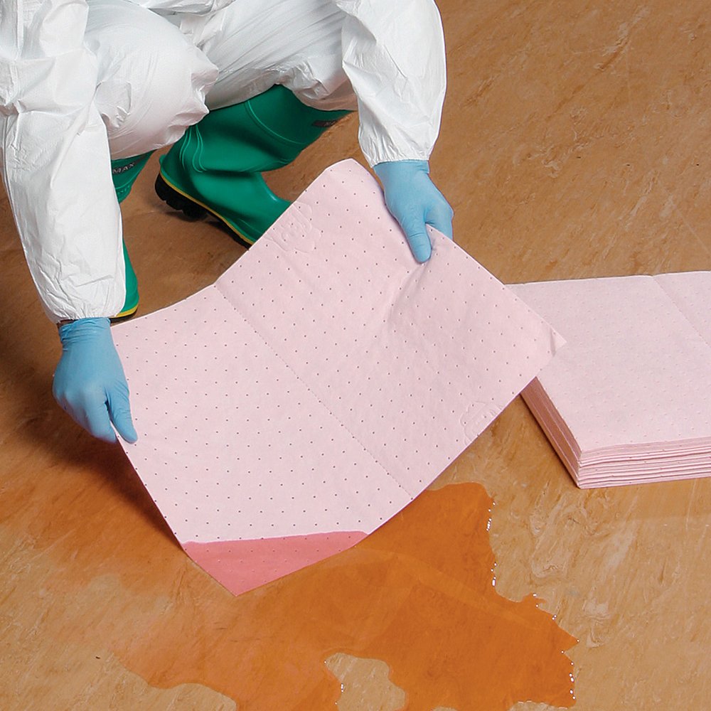 PIG Hazmat Chemical Absorbent Mat Pads in Dispenser Box - 100 Pads per Box - 15" W x 20" L - Absorbs up to 28 oz. per Pad - MAT354