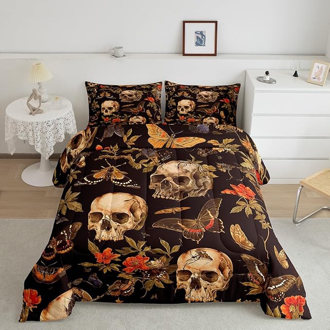 Feelyou Sugar Skull Comforter Set King Size Kids Botanical Flowers Comforter for Boys Girls Teens Butterfly Gothic Skeleton Bedding Set Halloween Themed Quilt Set