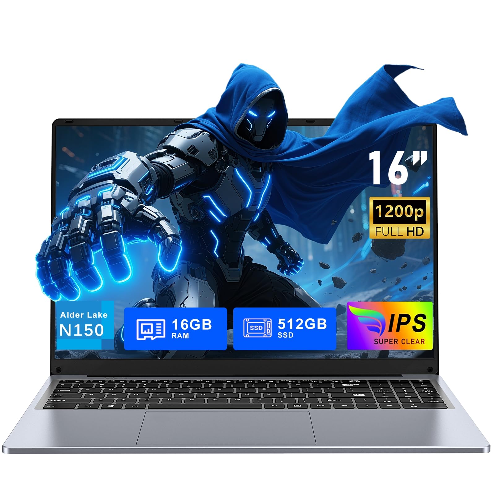 FUNYET Computer portatile 16 Inch Gaming Laptop, 16 GB di RAM, 512 GB di SSD, Win 11 Pro Notebook, PC Portatile Processore N150 (fino a 3,6 GHz), 6000 mAh, FHD 1920 x 1200, tastiera retroilluminata