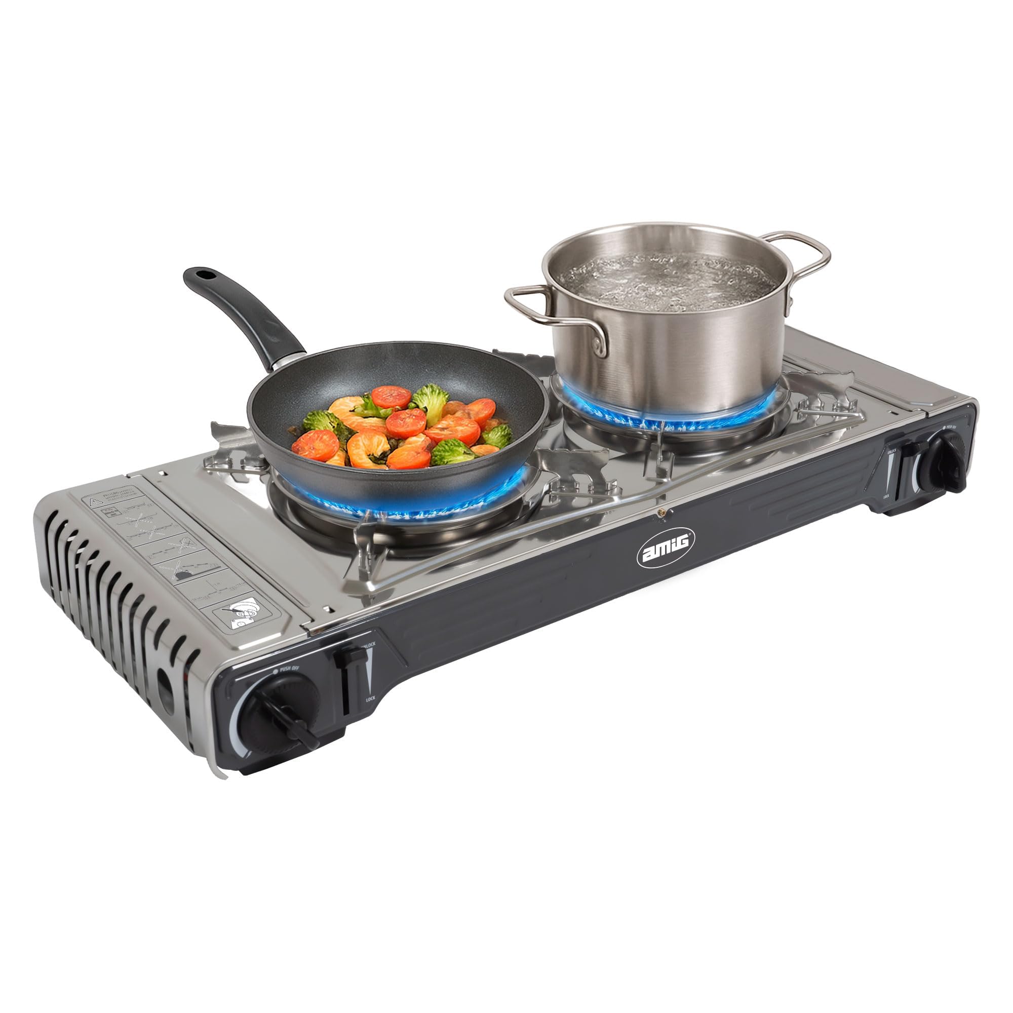 Amig - Fornello da campeggio a gas CAMP02 - Cucina portatile - 2 bruciatori - Include piastra - Griglia in ghisa - Acciaio inox - 2 x 2,2 kW di potenza