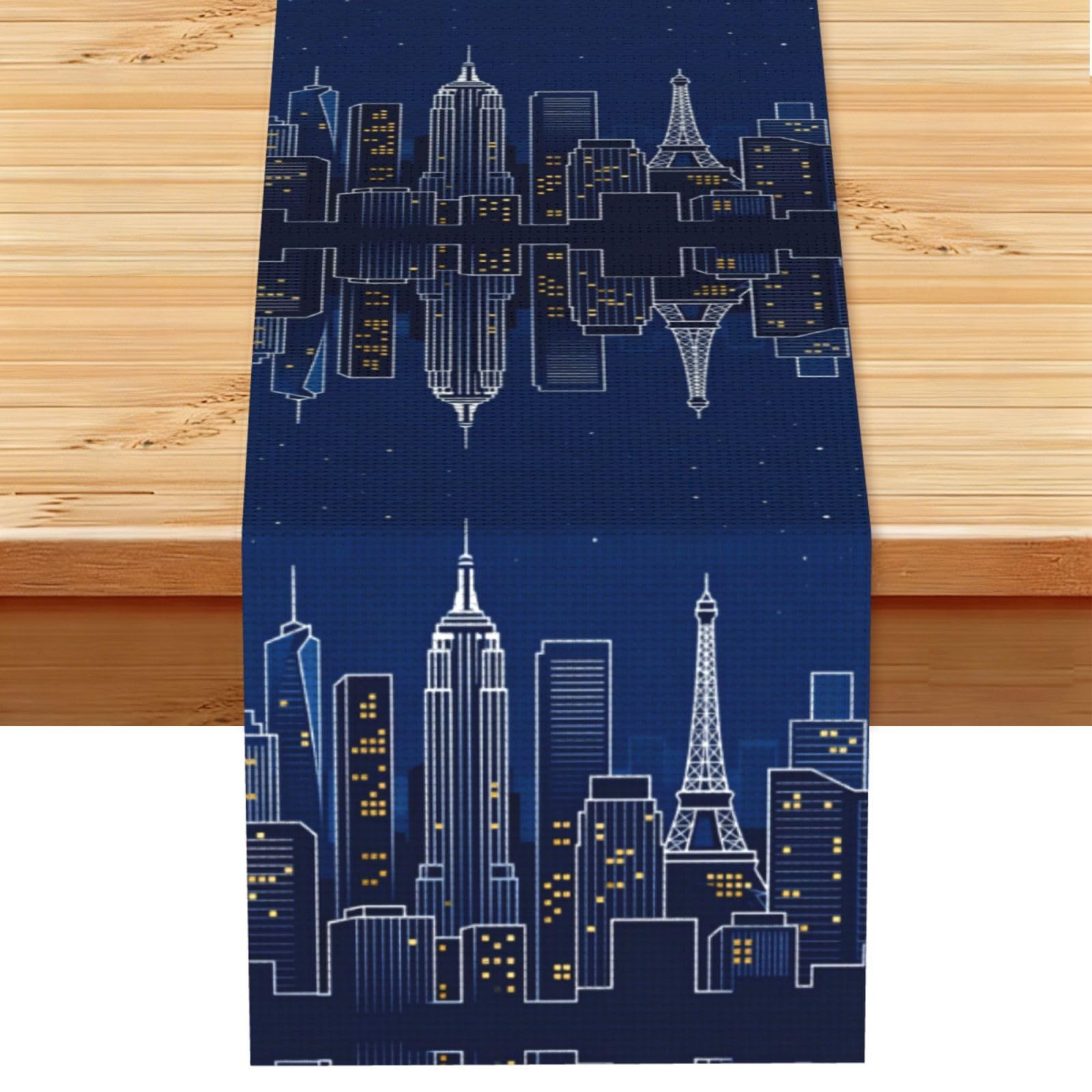 City Skyline Silhouette Linen Look Table Runner 13x72-Wrinkle Resistant Farmhouse Style for Dining Table Decor