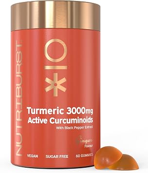 Nutriburst Turmeric Curcumin with Black Pepper Extract - Powerful Antioxidants & Anti-inflammatory, Supports Joint & Muscle Health - Vegan, Sugar Free - 60 Ginger Gummies - 1 Month Supply