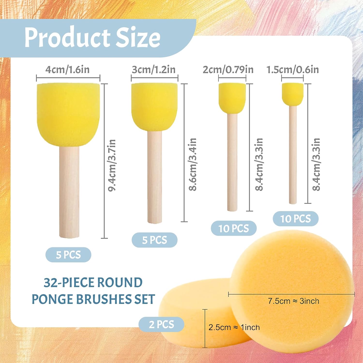 32 Pcs Round Sponge Brush Set, Foam Painting Art Supplies, 4 Sizes