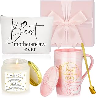 Lallisa 4 Pcs Best Mother-in-Law Ever Gift Box Coffee Mug Lavender Scented Candles Makeup Bags for Mother's Day Birthday Gifts from Daughter-in-Law Son-in-Law