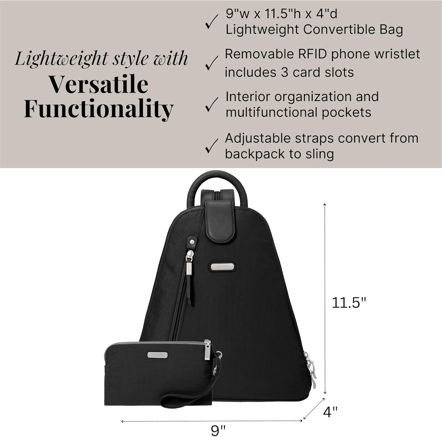 Baggallini Metro Backpack with RFID Phone Wristlet - 9x11 Convertible Sling Bag for Women with Adjustable Shoulder Straps