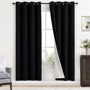 Yakamok 100% Blackout Curtains Black Room Darkening Thermal Insulated Window Curtain with 2 Thick Layers-Set of 2 Panels Grommet Top Drapes for Bedroom Living Room 52 Inches by 72 Inches Length