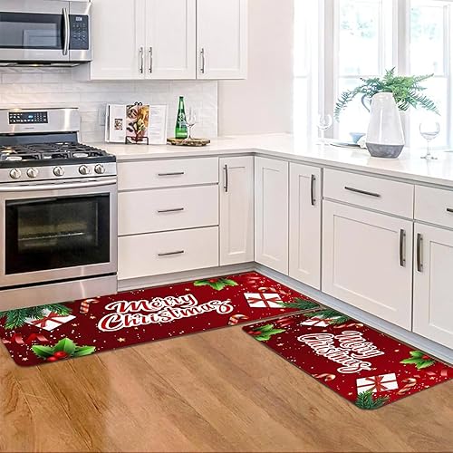 Miniatura 3 de Juego de 2 alfombras de cocina de Navidad, tapete de regalo de Feliz Navidad, antideslizante, lavable, copos de nieve, tapete para decoración