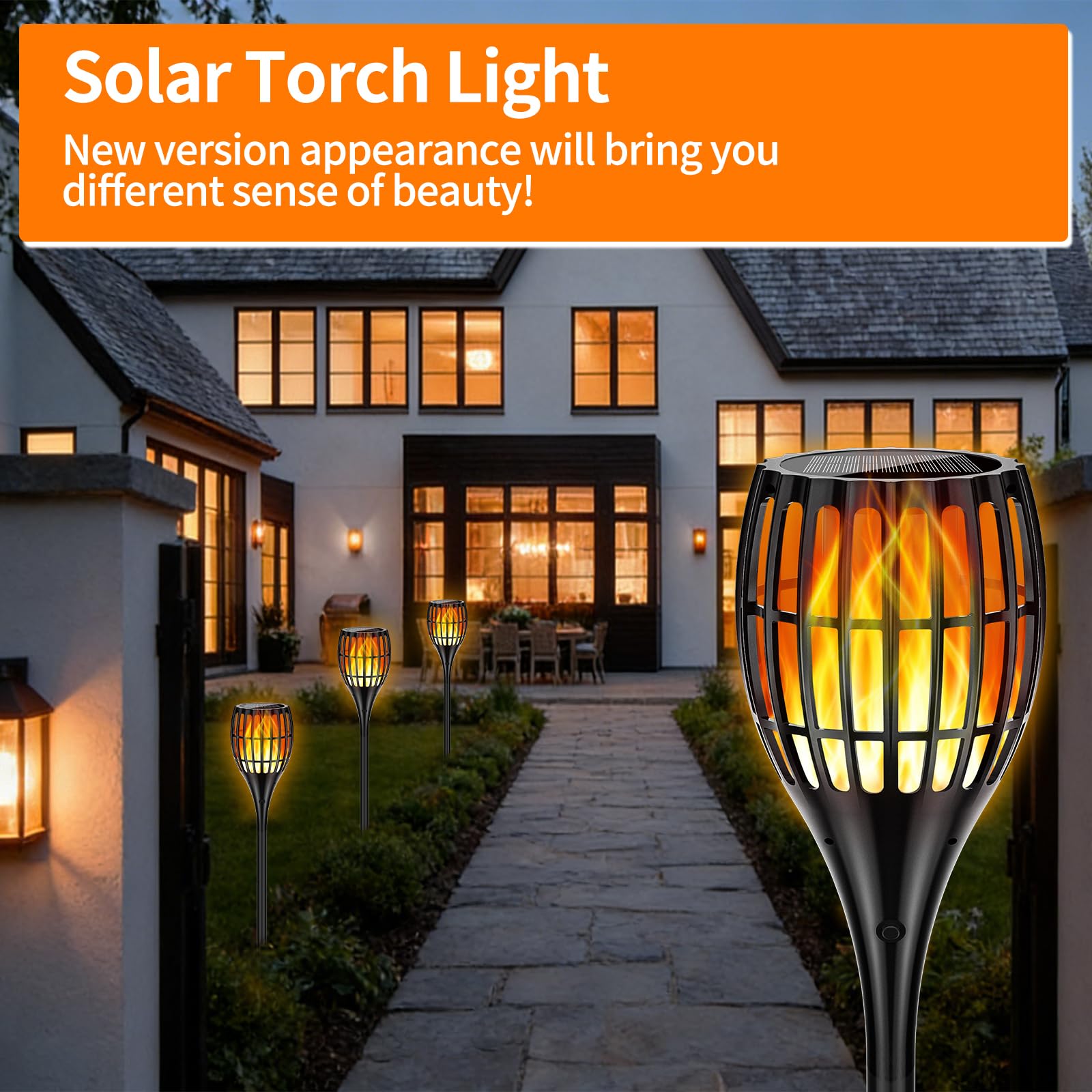Solar-Taschenlampe, flackernde Flamme, größere Solar-Taschenlampe, 109,2 cm, flackernde Flamme, wasserdicht, für Garten, Weg, Hof (4 Stück)