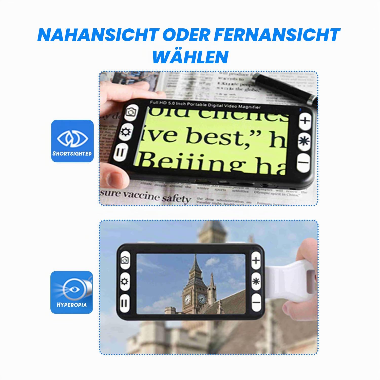 Digitale Handlupe, 5 Zoll Elektronische Lesehilfe Mit 2-48X Stufenloser Vergrößerung, Mehrere Farbmodi, Speicherwiedergabefunktion, Dual Verwendung Für Nah- Und Fernsicht