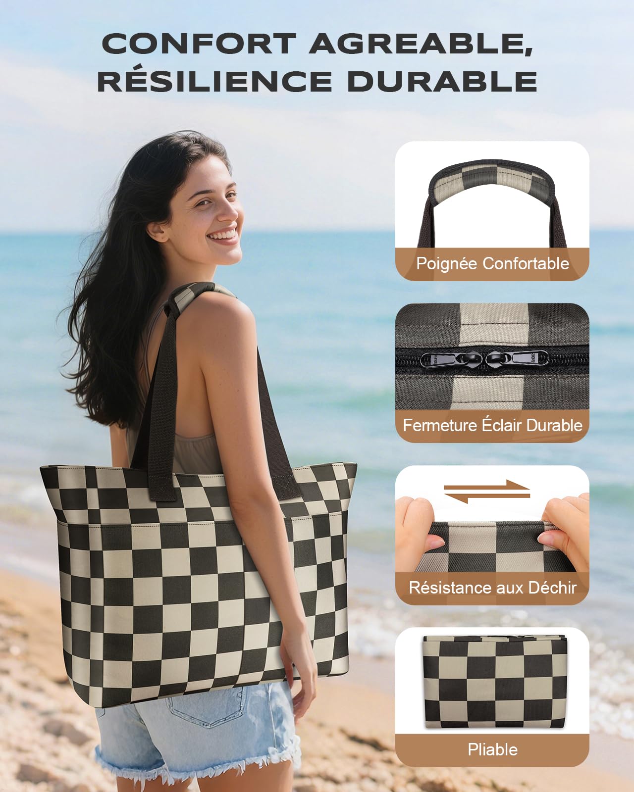 EOIWUY Sac de Plage, 35L Grand Cabas de Plage Étanche et Anti-Sable, Sac a main Femme Tout Voyage Pliables avec Fermeture Éclair et Compartiment Humide, Beach Bag pour Plage, Gym, Quotidien, Voyages