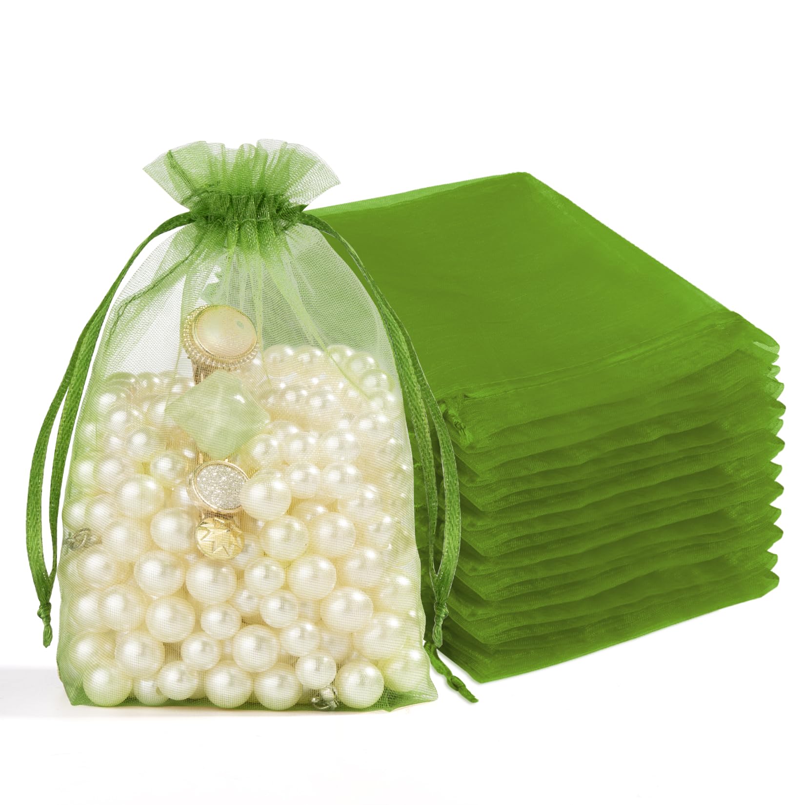 Crweety 50 Pcs Organza Bags 4x6, Green Small Mesh Gift Bags Drawstring Bulk