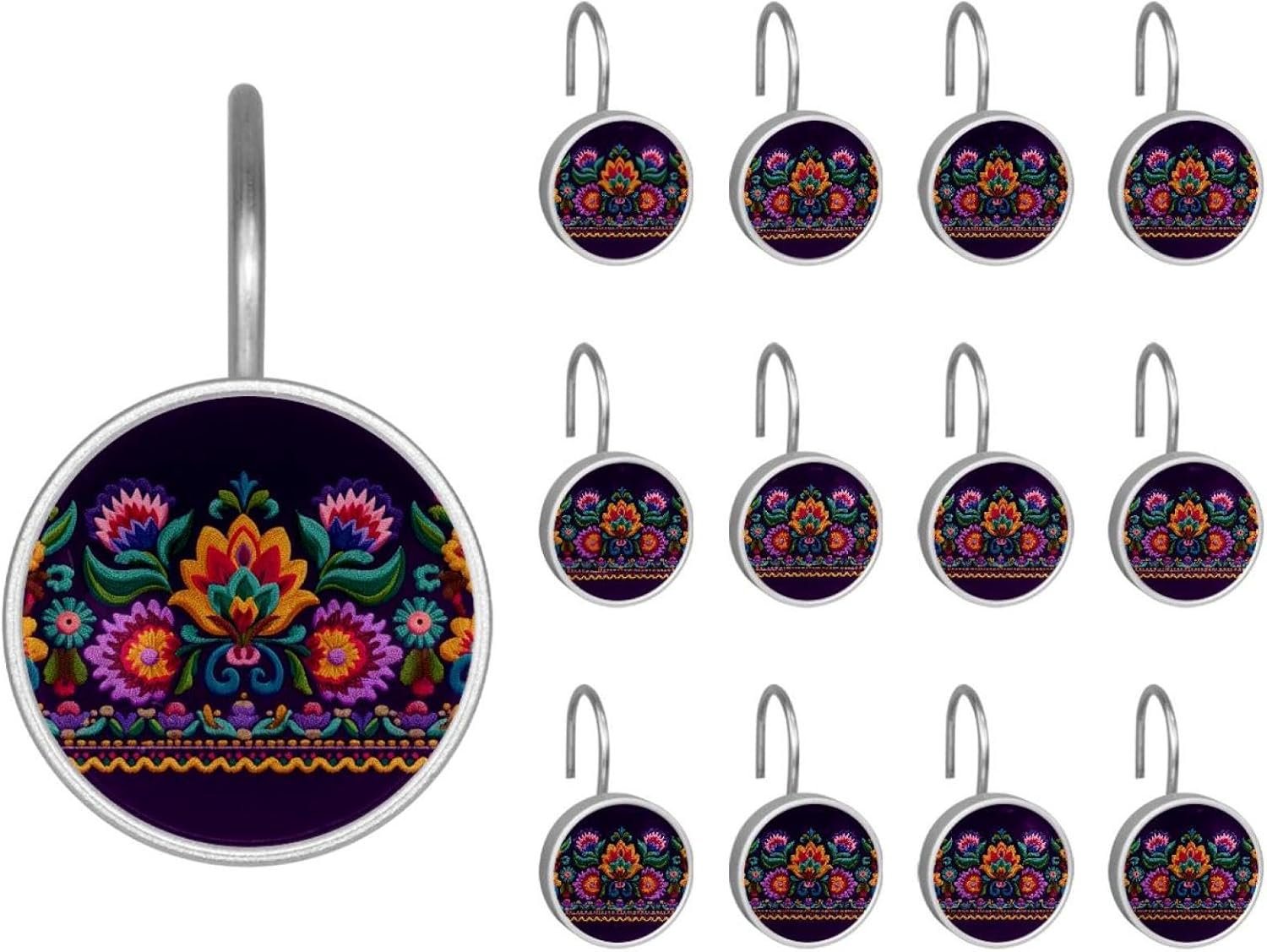 12PCS Motifs African Boho Paisley Floral (19) Shower Curtain Hooks Rings for Bathroom, Decorative Shower Curtain Hooks Rods Curtains and Liner