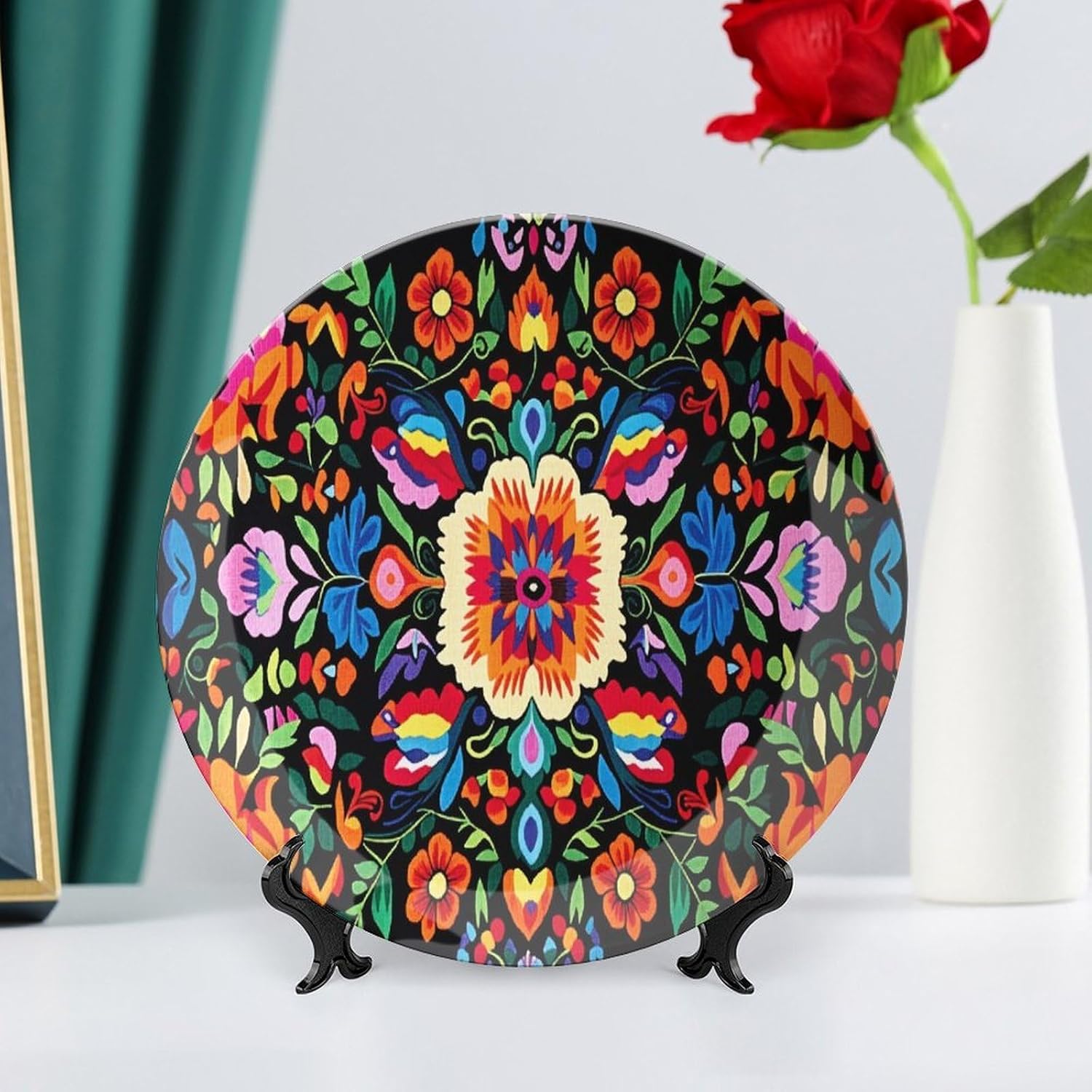 Mexican Floral & Butterfly Bone China Decorative Plates 10inch with Display Stand, Boho Luxury Ceramic Hanging Plate for Home Decor, Personalized Ornament Dessert Plate Wall Decor Wedding Gift