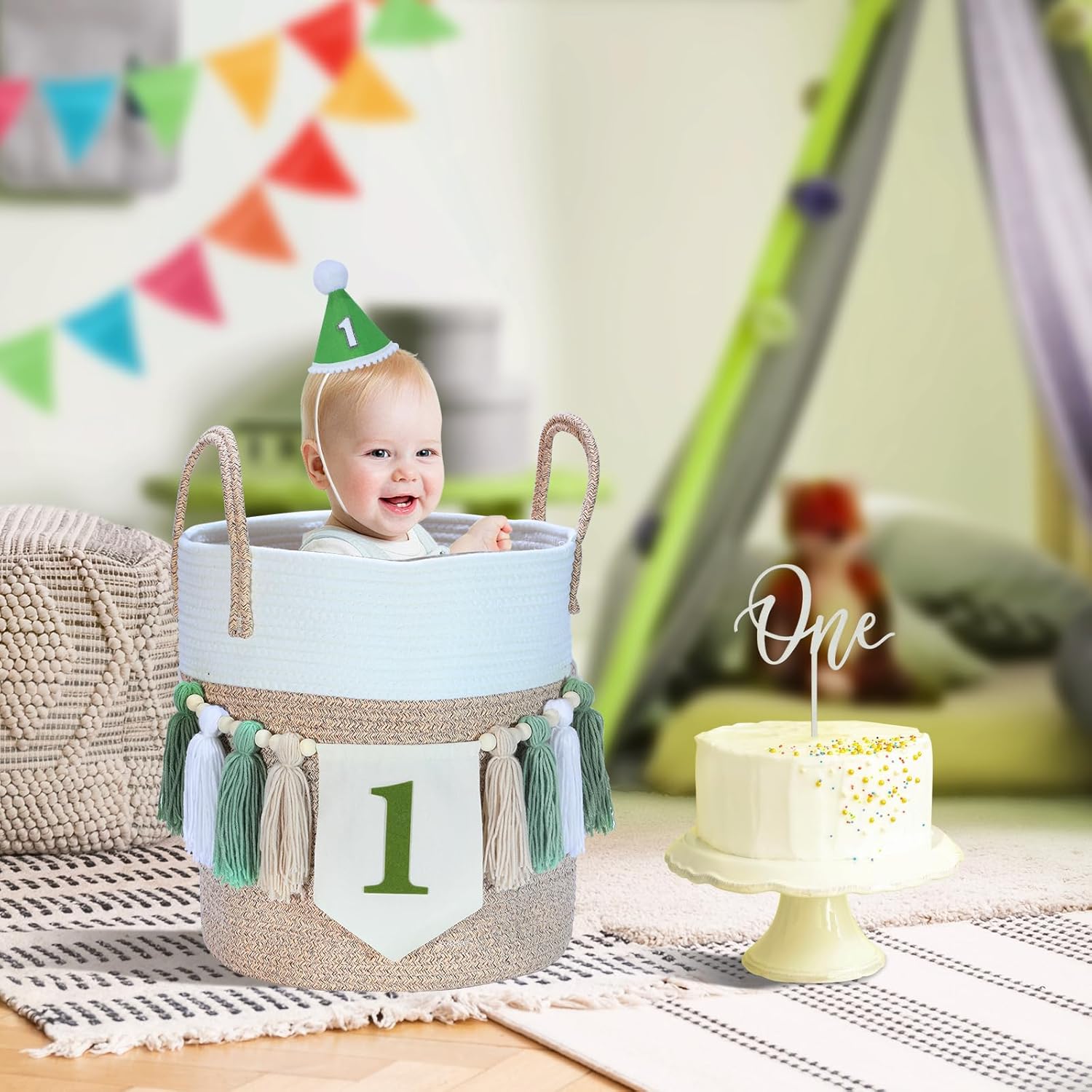 High Chair Banner First Birthday Decorations for Boy, Wood Bead Tassel Garland Banner for Baby 1st Party, Green Boys First Birthday Hat with One Cake Topper - Image 6