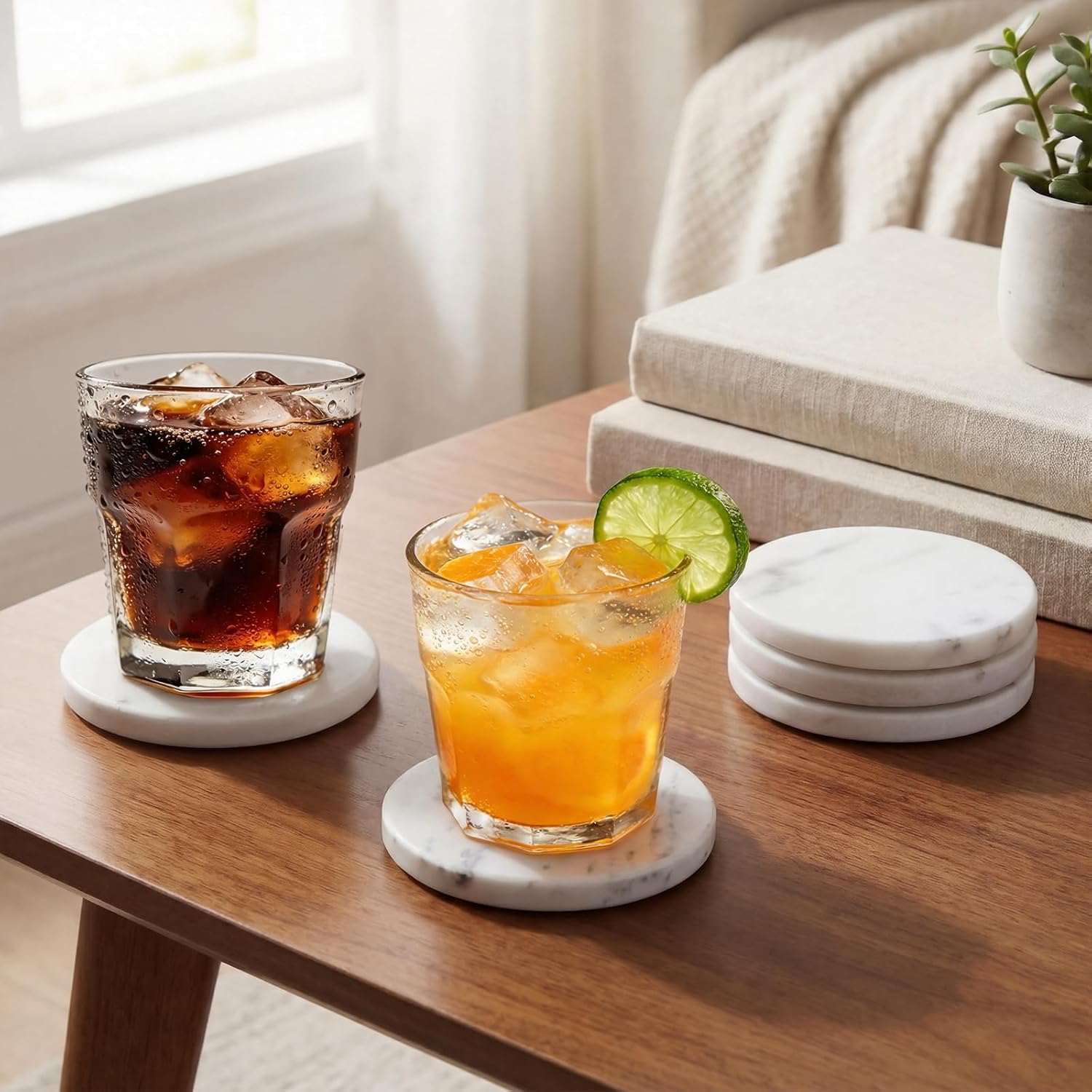 6 Pcs White Marble Coasters Set with Non-Slip Feet 4 Inch Natural Round Stone Drink Coasters Cup Mats for Coffee Tea Beer Wine Elegant Marble Table Decor for Home Kitchen Office Dining