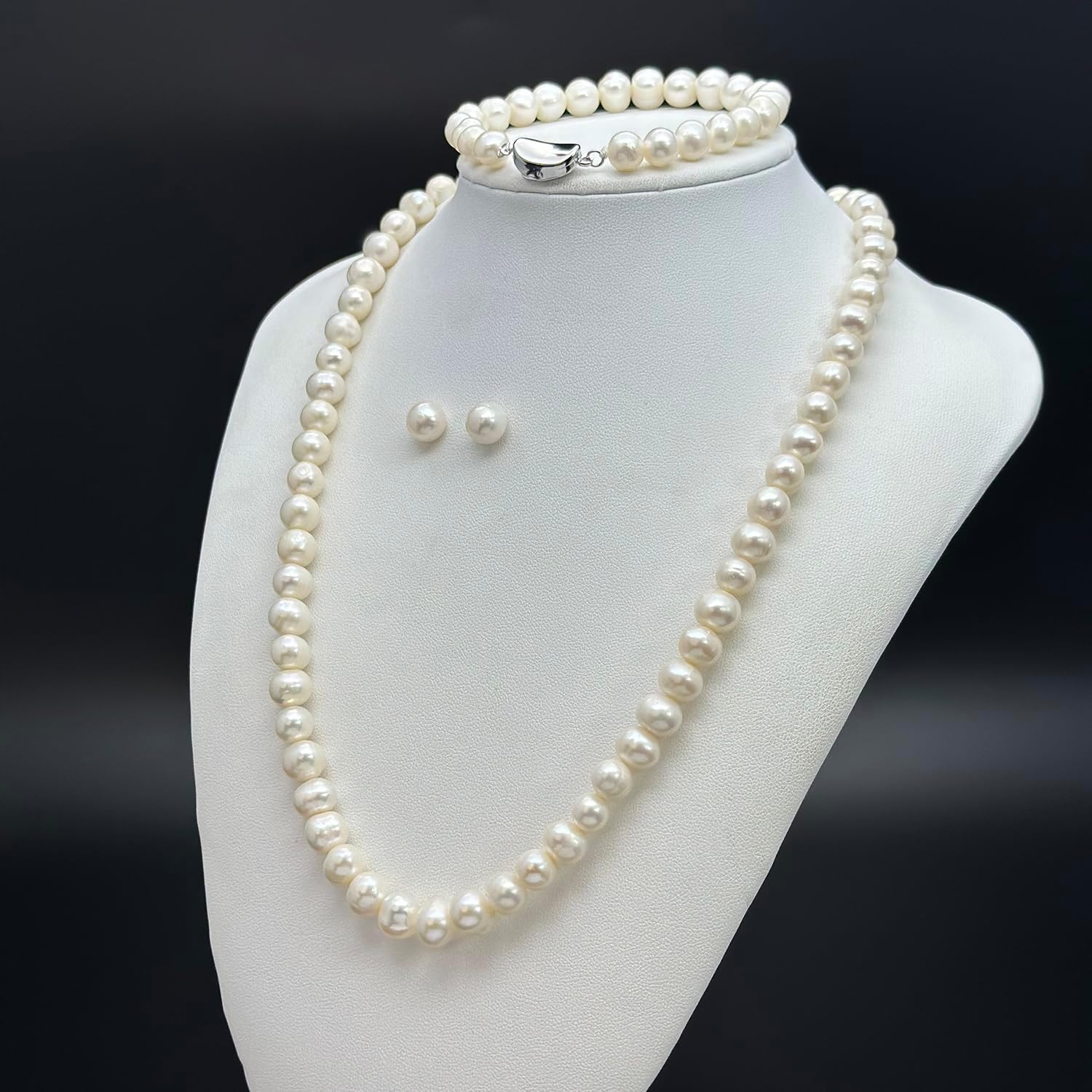 Freshwater Cultured Pearl Necklace Set Includes Stunning Bracelet and Stud Earrings Jewelry Set for Women Gift for Mother's Day, Anniversary, Birthday, Wedding