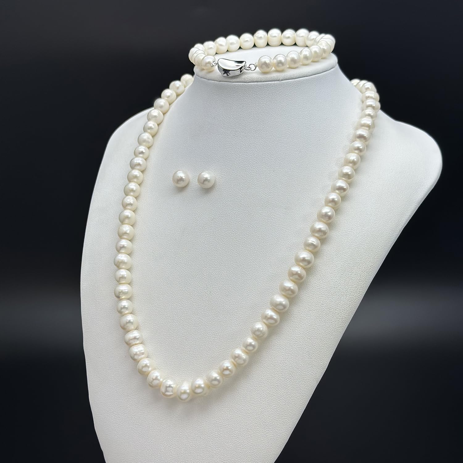 Süßwasser-Zuchtperlen-Schmuckset für Damen mit Halskette, atemberaubendem Armband und Ohrsteckern, necklace:20" ,bracelet :8", Sterling-Silber, Perle