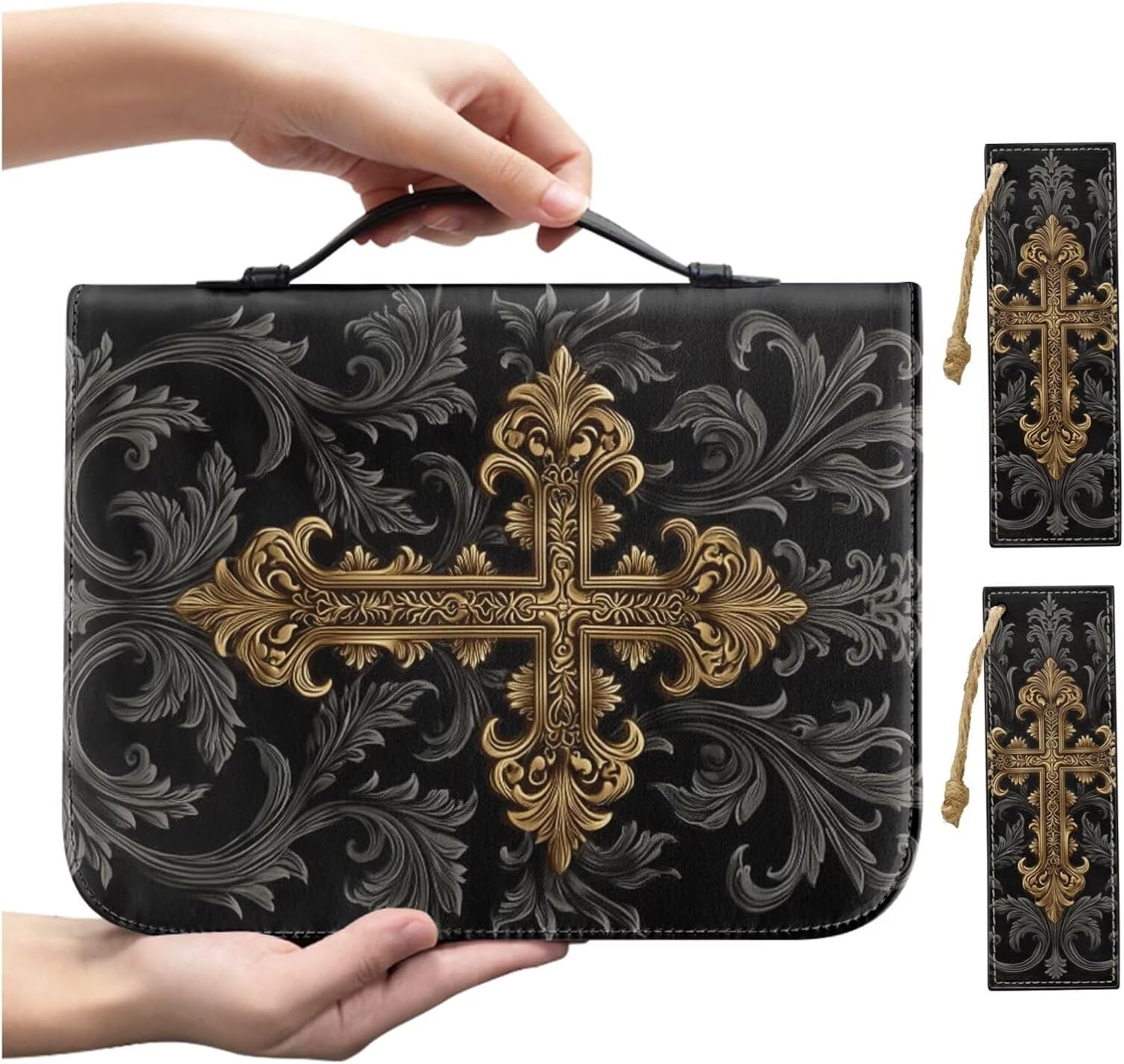 PU Leather Bible Cover for Women Men Carrying Bible Case with Zippered Pockets Black Gold Cross Print Scripture Protector Book Organizer Holder, L