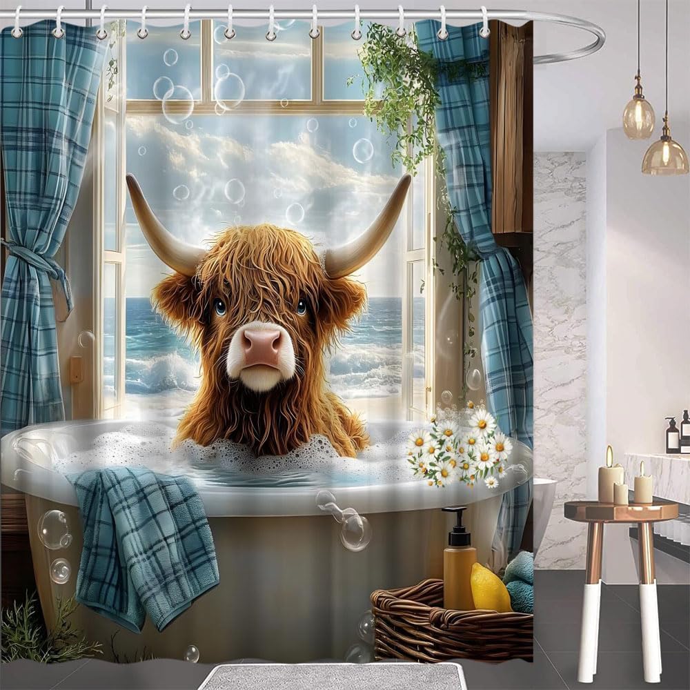 Highland Cow Shower Curtain Funny Cute Cattle Ocean View Landscape Bathtub Calf Tropical Hawaii Scene Plaid Curtain Daisy Bathroom Polyester Curtains Set with Hooks 70x84 Inch