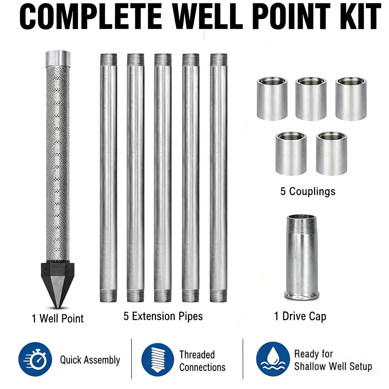 Kit De Puits À Pointe Dentraînement 1-1/4 Pouce Npt, Crépine De Puits En Acier Inoxydable De 36 Pouces Avec Filtre À Mailles De 60, Sections De Tuyau Galvanisées Et Bouchon Dentraînement Pour