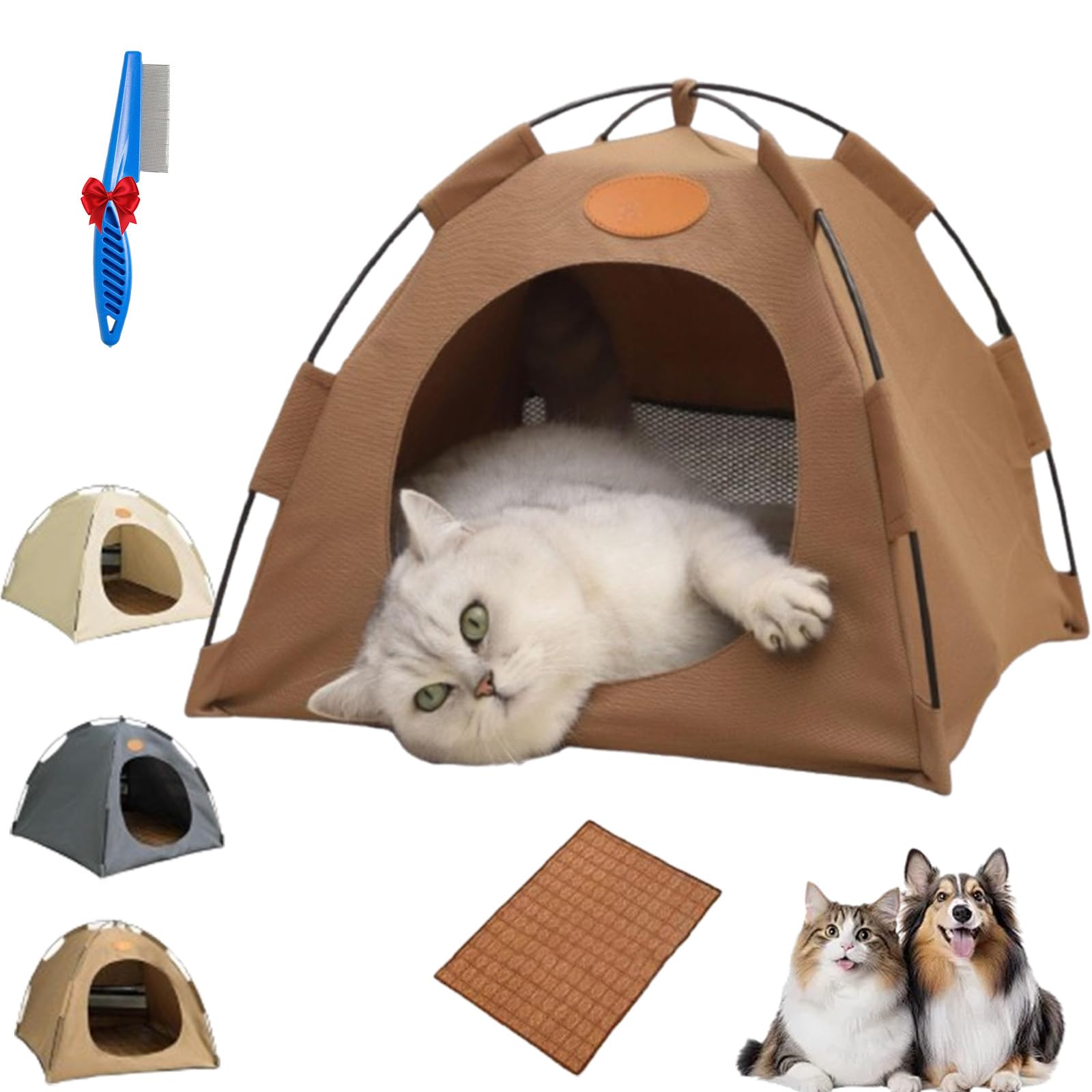 BreezyDen Pop-Up Pet Tent, Portable Hideaway for Cats & Small Dogs, Cat Tents for Indoor Cats with Mesh Window, Waterproof, Cooling Mat, Breathable Mesh & Non-Slip Base, Fully Washable (Coffee,L)