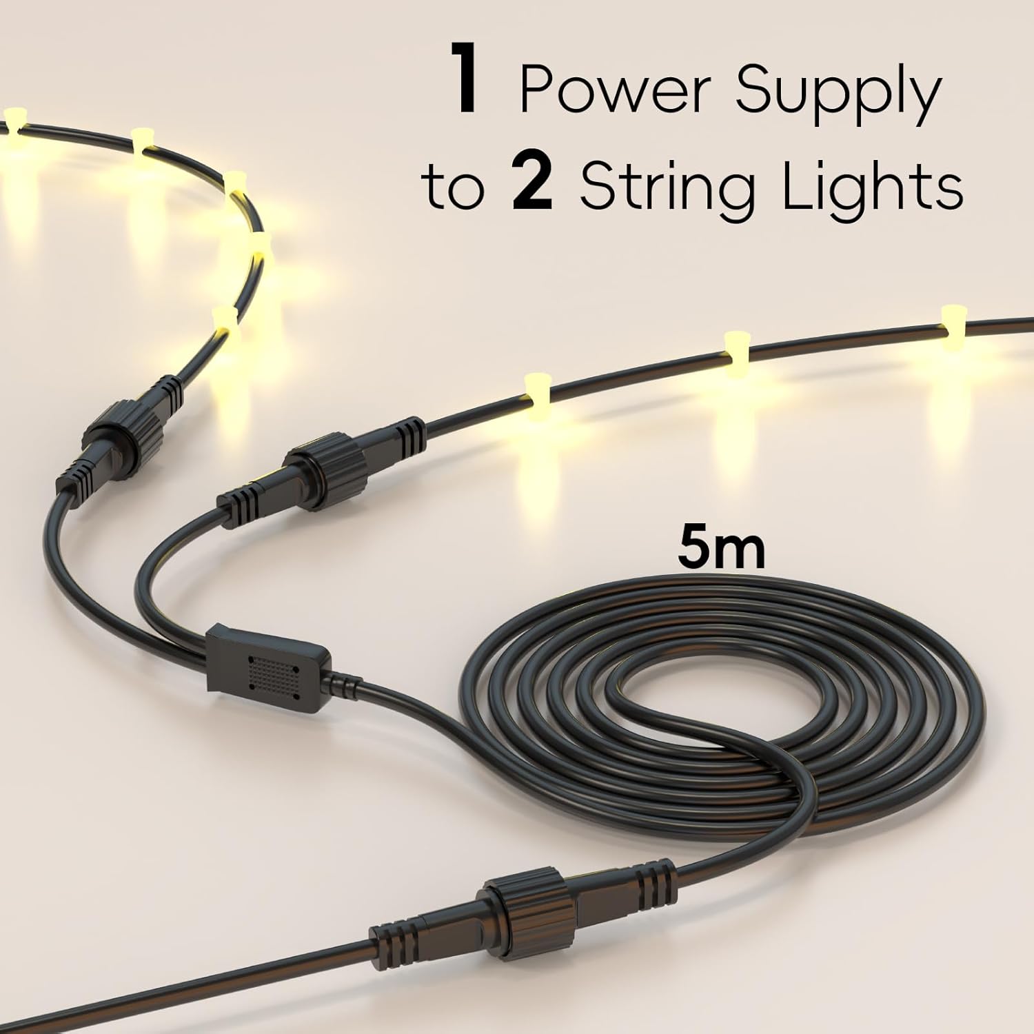 16.4Ft/5M Extension Cable with 1 to 2 Splitter for Christmas String Lights IP68 Waterproof Extension Lead 24AWG Extension Cord for Outdoor Solar String Lights, Indoor String Lights, 2 Pin