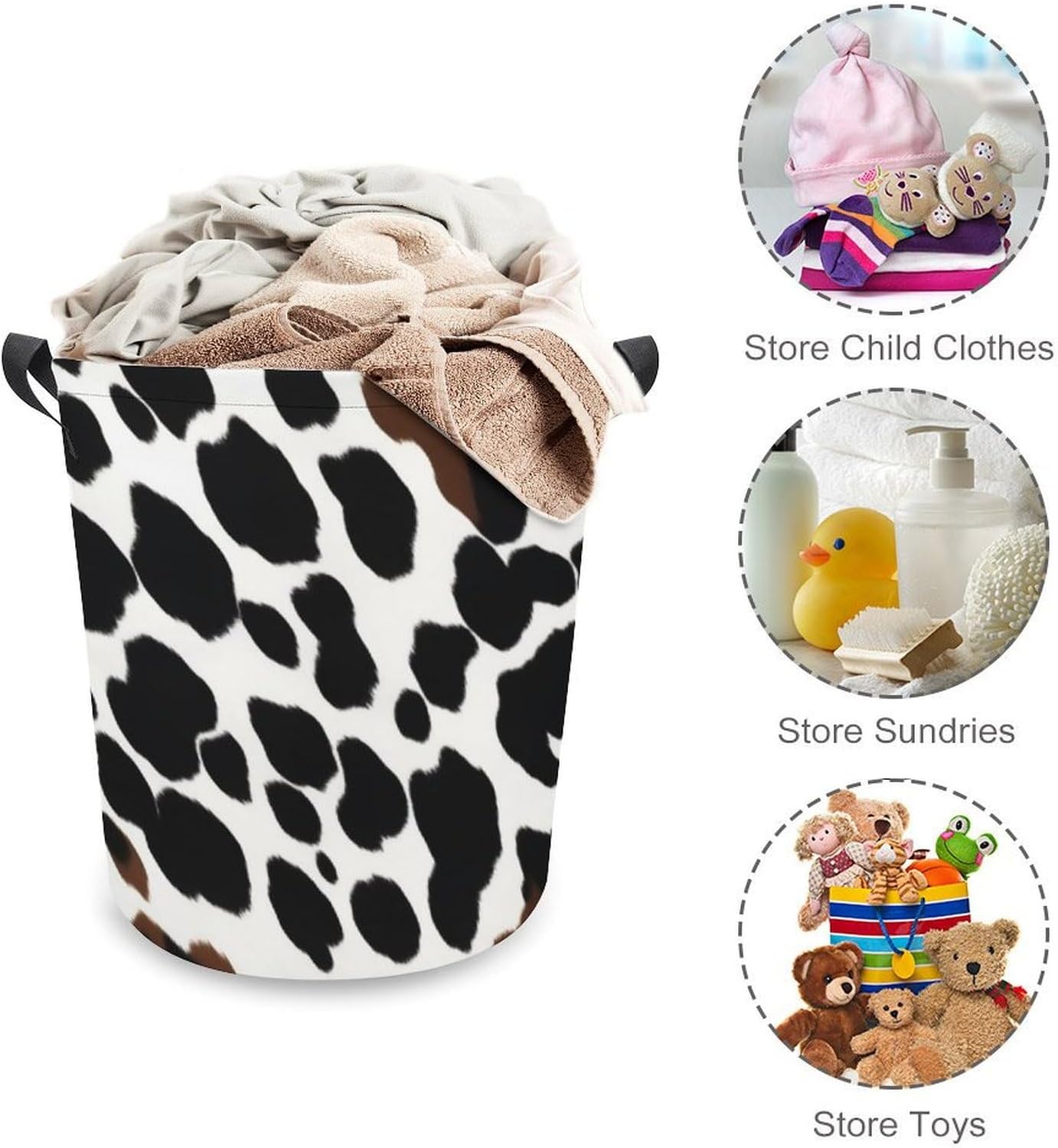 Laundry Basket Waterproof Laundry Hamper with Handles Foldable Dirty Clothes Hamper Animal Skin Cow Freestanding Laundry Bag Organizer Tall Storage Basket for Bedroom Bathroom Decor